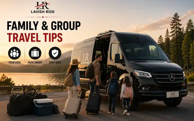 Black Mercedes-Benz Sprinter van with Lavish Ride branding transporting families and groups, offering spacious seating, luggage capacity, comfort, and convenient long-distance travel.